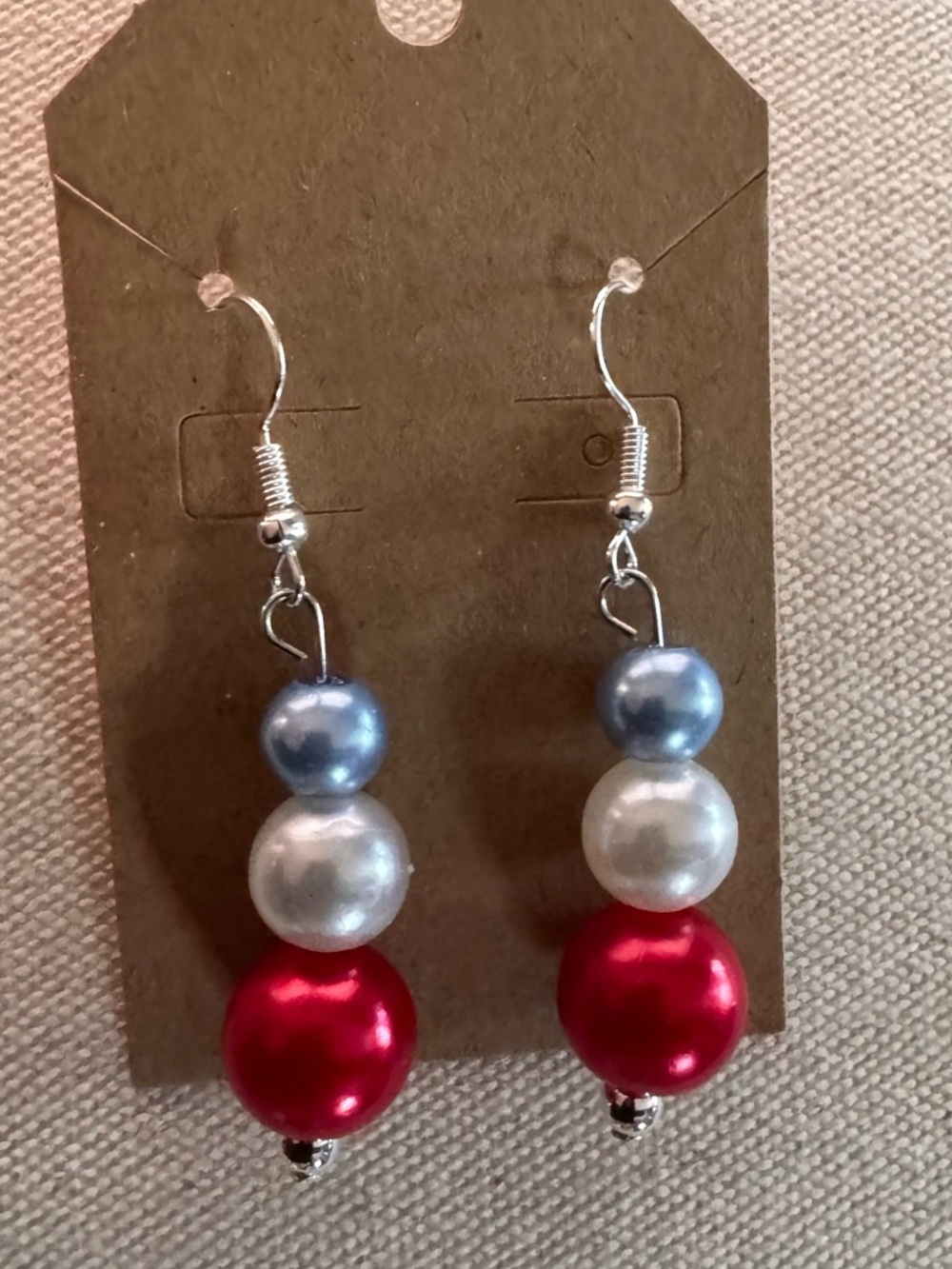 NWT Handcrafted Patriotic Red White & Blue Earrings Faux Pearls